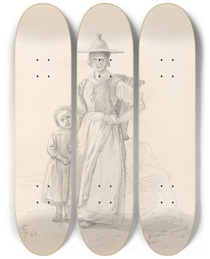 Triptych art skateboard deck of Adolph Tidemand Kvinne Og Barn Glion by Adolph Tidemand (1814-1876)