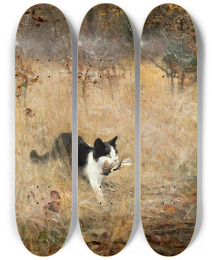 Triptych art skateboard deck of Bruno Liljefors Cat Hunting Birds by Bruno Liljefors (1860-1939)
