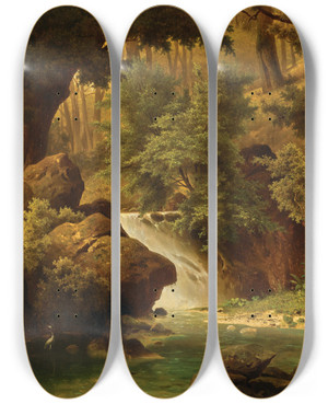 Triptych art skateboard deck of Adolf Chwala A Rocky Landscape With A River by Adolf Chwala (1836-1900)