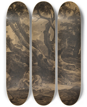 Triptych art skateboard deck of Johann Wilhelm Schirmer Der Berfall Auf Den Wanderer by Johann Wilhelm Schirmer (1807-1863)
