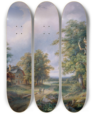 Triptych art skateboard deck of Josef Altenkopf Bauerngehft An Einer Waldstrae by Josef Altenkopf (1818-1860)