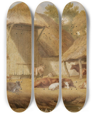 Triptych art skateboard deck of Robert Hills Cattle Resting Beside Farm Buildings by Robert Hills (1769-1844)