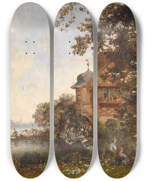 Triptych art skateboard deck of Karl Weysser Blick Auf Konstanz by Karl Weysser (1833-1904)