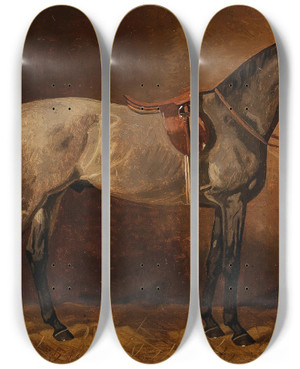 Triptych art skateboard deck of Emil Volkers Grauer Schimmel Im Stall by Emil Volkers (1831-1905)