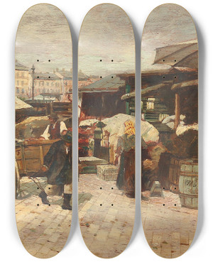 Triptych art skateboard deck of Paul Unbereit Naschmarkt In Wien by Paul Unbereit (1884-1937)