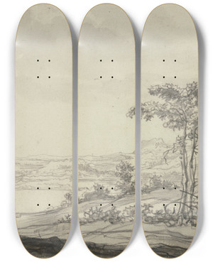 Triptych art skateboard deck of Aelbert Cuyp Gebirgslandschaft Am Meer Links Ein Sitzender Mann Bei Einem Esel by Aelbert Cuyp (1620-1691)