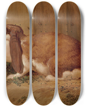 Triptych art skateboard deck of Benjamin Herring A Lopeared Doe Rabbit And Her Young by Benjamin Herring (1830-1871)