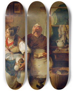 Triptych art skateboard deck of Peter Fendi Das Gewitter by Peter Fendi (1796-1842)