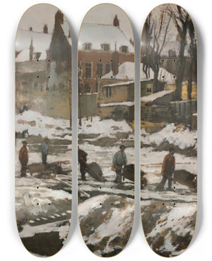 Triptych art skateboard deck of George Hendrik Breitner Construction Site In Amsterdam by George Hendrik Breitner (1857-1923)