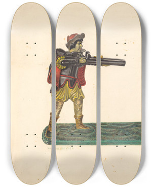 Triptych art skateboard deck of Milton Bevier Mechanical Toy Bank by Milton Bevier