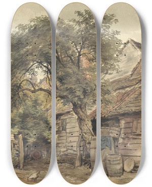 Triptych art skateboard deck of William Henry Hunt Backyard Of A Cottage by William Henry Hunt (1790-1864)