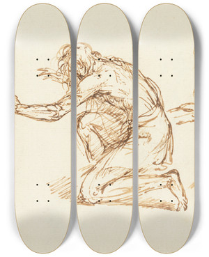 Triptych art skateboard deck of Benjamin West Two Kneeling Figures by Benjamin West (1738-1820)