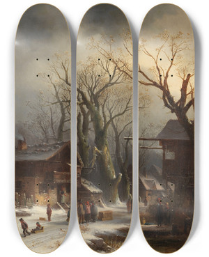 Triptych art skateboard deck of Anton Doll Verschneites Dorf by Anton Doll (1826-1887)