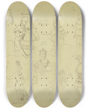 Triptych art skateboard deck of Philipp Winterwerb Medieval Figures_2 by Philipp Winterwerb (1837-1873)