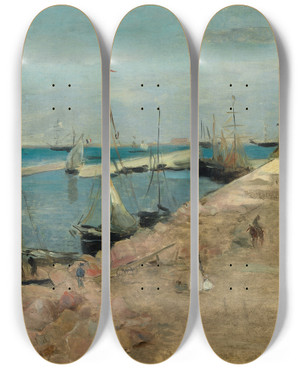 Triptych art skateboard deck of Berthe Morisot The Harbor Atcherbourg by Berthe Morisot (1841-1895)