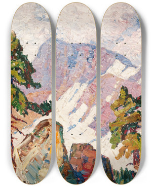 Triptych art skateboard deck of Birger Sandzn Rocky Mountain Landscape by Birger Sandzen (1871-1954)