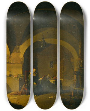 Triptych art skateboard deck of Vincenzo Giovannini A Chemist In His Laboratory by Vincenzo Giovannini (1817-1903)