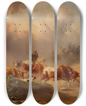 Triptych art skateboard deck of Edmund Mahlknecht Returning Home With An Approaching Storm by Edmund Mahlknecht (1820-1903)