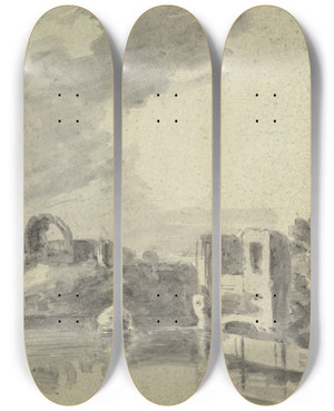 Triptych art skateboard deck of William Gilpin River View With Ruins by William Gilpin (1724-1804)
