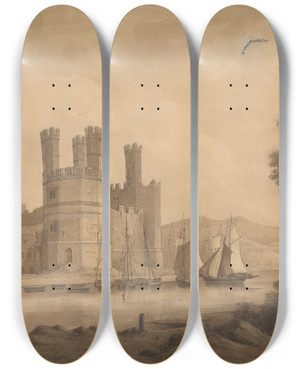 Triptych art skateboard deck of Isaac Weld Caernarvon Castle Eagle Tower by Isaac Weld (1774-1856)