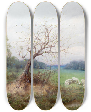 Triptych art skateboard deck of Raimund Ritter Von Wichera Schafherde Mit Hirten In Einer Weiten Landschaft by Raimund Ritter von Wichera (1862-1925)