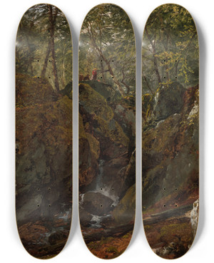 Triptych art skateboard deck of John Frederick Kensett Catskill Waterfall by John Frederick Kensett (1816-1872)