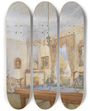Triptych art skateboard deck of Franz Alt Interieur Mit Billard by Franz Alt (1821-1914)