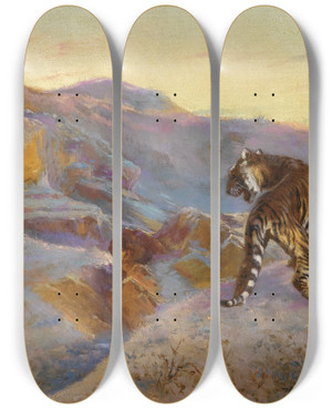 Triptych art skateboard deck of Rudolf Ernst Tiger In The Mountains by Rudolf Ernst (1854-1932)