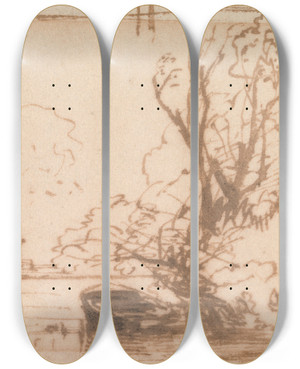 Triptych art skateboard deck of Thomas Creswick A Boat Moored By A River Bank by Thomas Creswick (1811-1869)