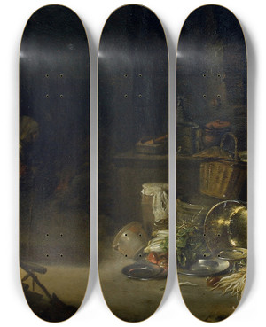 Triptych art skateboard deck of Willem Kalf Kitchen Interior_2 by Willem Kalf (1619-1693)
