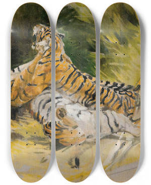 Triptych art skateboard deck of Aim Morot Two Tigers Fighting by Aime Morot (1850-1913)