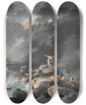 Triptych art skateboard deck of Jeanbaptiste Pillement A Shipwreck On A Coast During A Storm A Lighthouse Beyond by Jean-Baptiste Pillement (1728-1808)