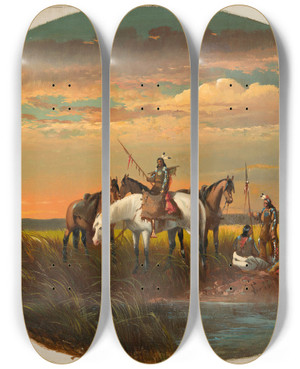 Triptych art skateboard deck of John Mix Stanley A Halt On The Prairie For A Smoke by John Mix Stanley (1814-1872)