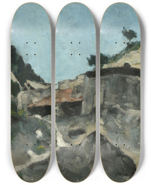 Triptych art skateboard deck of Paul Czanne Landscape With Watermill by Paul Cezanne (1839-1906)