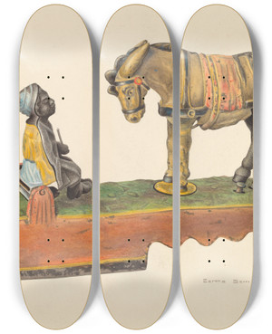 Triptych art skateboard deck of Bertha Semple Toy Bank by Bertha Semple