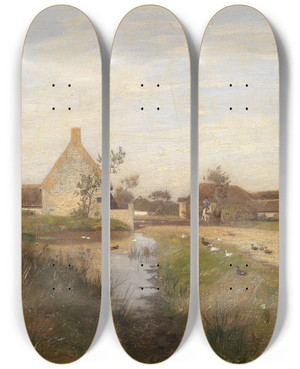 Triptych art skateboard deck of Eugen Jettel Eingang Zum Dorf Cayeux by Eugen Jettel (1845-1901)