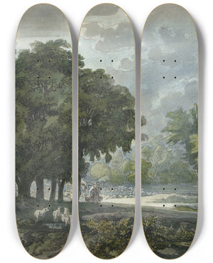 Triptych art skateboard deck of Jacob Van Liender Herders Met Kudde In Bosrijk Landschap_2 by Jacob Van Liender (1696-1759)