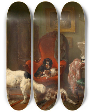 Triptych art skateboard deck of Wouterus Verschuur Interior With Dogs by Wouterus Verschuur (1812-1874)