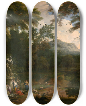 Triptych art skateboard deck of Cornelis Huysmans Landscape_3 by Cornelis Huysmans (1648-1727)