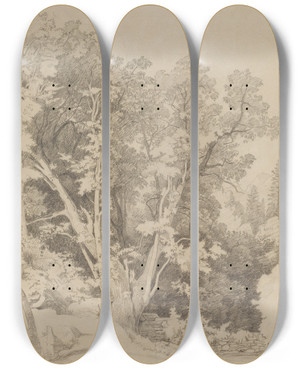 Triptych art skateboard deck of Johann Wilhelm Schirmer Baumgruppe Mit Gespaltenem Baum by Johann Wilhelm Schirmer (1807-1863)