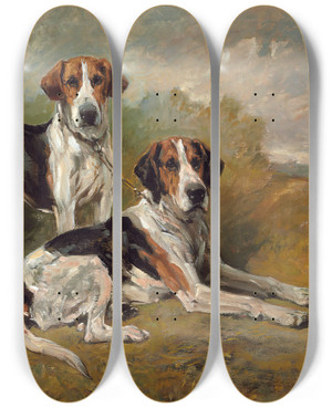 Triptych art skateboard deck of John Emms Two Hounds Resting by John Emms (1843-1912)