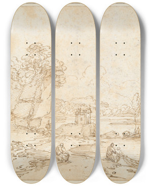 Triptych art skateboard deck of Giovanni Francesco Grimaldi Cliffs At Riverbank Withfishermen by Giovanni Francesco Grimaldi (1606-1680)