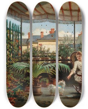 Triptych art skateboard deck of August Borckmann Leisure Time by August Borckmann (1827-1890)