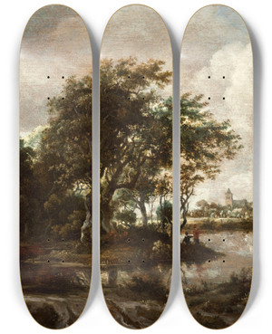 Triptych art skateboard deck of Meindert Hobbema Landscape With Anglers And A Distant Town by Meindert Hobbema (1638-1709)