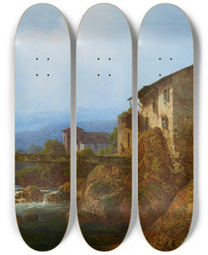 Triptych art skateboard deck of August Piepenhagen Alte Dorfbrcke by August Piepenhagen (1791-1868)