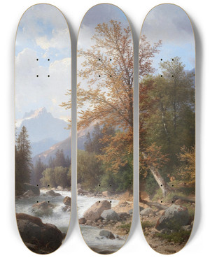 Triptych art skateboard deck of Carl Hasch Gebirgsbach In Der Ramsau by Carl Hasch (1834-1897)