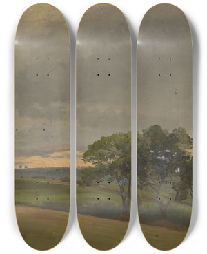 Triptych art skateboard deck of Jakob Becker Evening Meadow With Trees by Jakob Becker (1810-1872)