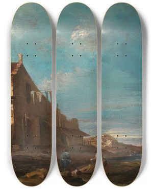 Triptych art skateboard deck of Francesco Guardi A Coastal Architectural Capriccio by Francesco Guardi (1712-1793)