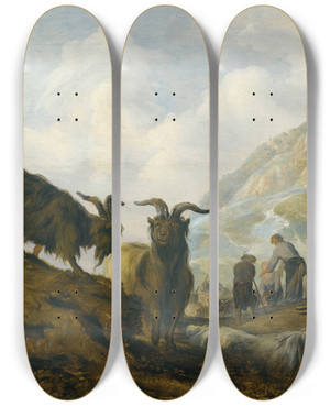 Triptych art skateboard deck of Jacobus Sibrandi Mancadan Goats On A Hillside With Herders Beyond by Jacobus Sibrandi Mancadan (1602-1680)