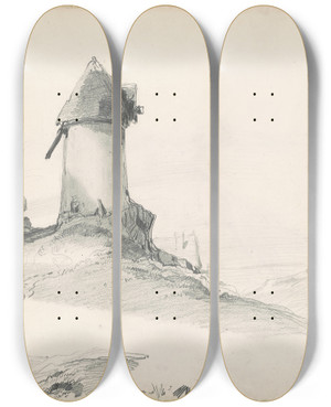 Triptych art skateboard deck of Seth Wells Cheney Landscape With Mill by Seth Wells Cheney (1810-1856)